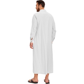 LVCBL Kaftan Men Linen Gown Thobe Long Sleeve Muslim Robe with Pockets White 3XL