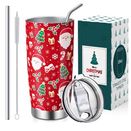 Christmas Birthday Gifts for Men and Women, 20 oz Stainless Steel Tumbler with Lid and Straw, Funny Coffee Tumbler, Dad, Mom, Friend, Wife, Husband Xmas Gift Present, Santa and the Christmas tree
