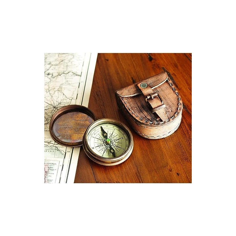 Antiqued Brass Poem Compass With Leather Case