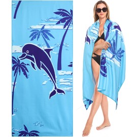 Lakpopya Large Beach Towel, 180 x 75 cm, Microfibre Beach Towel, Sand Resistant Quick Drying Beach Towel for Beach/Pool/Beach Chairs (Coconut Trees and Dolphins)