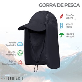 Canotagio Sombrero de Pesca para el Sol. Gorra de Hombre con Solapa y Cubreboca/Bandana Desmontable. Protección UV 50. Gorro para Pescar, Senderismo y Deportes Extremos. Fishing Hat (Gris Oscuro)