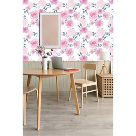 ZHENNEHZ Watercolor Floral Peel and Stick Wallpaper, Pink Roses,Self Adhesive Wallpaper for Bedroom Furniture Wall Home Decorations, 17.3 "x 118"