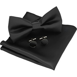 ZEYMINER Mens Solid Color Pre-tied Bow Tie and Pocket Square Cufflink Set with Gift Box (Black)
