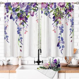 oolygoo Purple Wisteria Floral Small Kitchen Curtains Lilac Window Treatment Rustic Flower Blossom Wooden Country Cafe Short Window Curtains for Bathroom Dining Room Tier Drapes 27.5x39 inch