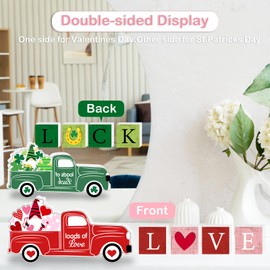 5 Pcs Valentines Day Decor and Reversible St Patricks Day Wood Signs, Double Side Printed Free Standing Love Luck Blocks and Truck Sign for Table Desk Tiered Tray Mantle, Valentines Day Decorations