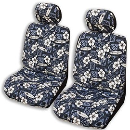 Winnie Fashion 2 Hawaiian Car Seat Covers w/Headrest Covers (Hibiscus Surf Gray, Side Airbag)
