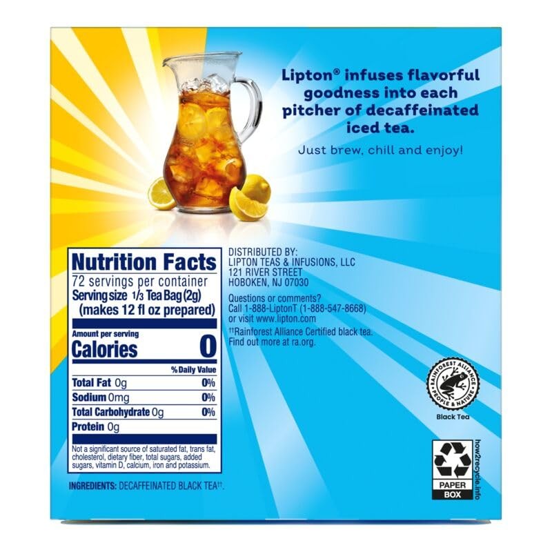 Lipton Decaf Black Iced Tea Bags, Family Size Zero Calories,