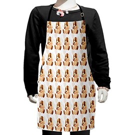 Ambesonne Dog Lover Apron, Funny Cartoon Design Pattern of an Animal Character Pet with Long Ears Print, Small Apron Bib with Adjustable Ties for Baking Painting, Small Size, Beige and Brown
