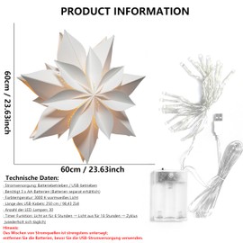 EANLOLY Christmas Star, Illuminated, Paper Stars, Christmas, 3D Star Window, Indoor Christmas Decoration for Hanging, with Lighting, White, Diameter 60 cm