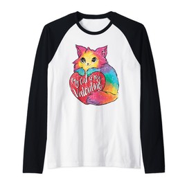 My Cat is My Valentines Day Colorful Cats Lover Heart Design Raglan Baseball Tee