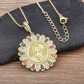 Mary Cadena Virgen De Mary Medal Medallion Necklace,18K Gold Plated Medal Necklace for Women