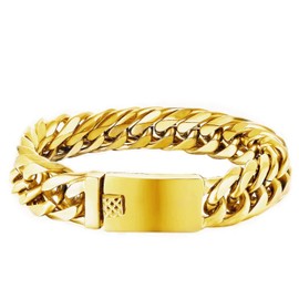 BIYONGDE Mens Cuban Link Chain Bracelet, Gold Color Miami Cuban Link Chain Bangle Bracelet for Men, Heavy Stainless Steel Bracelet for Men with Spring Push Rectangle Box Clasp