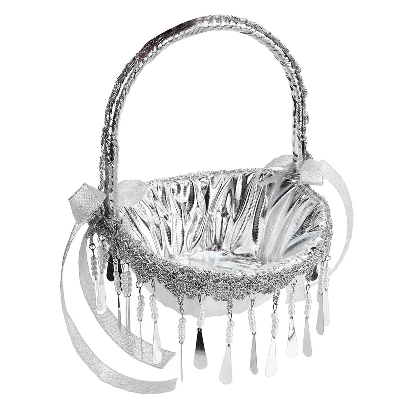 Wedding Flower Girl Basket Silver Hand Flower Basket Romantic Rhinestone
