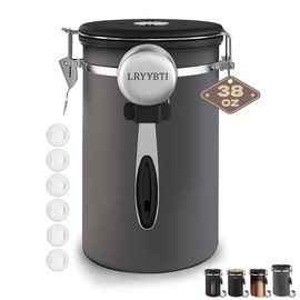 LRYYBTI 38oz Airtight Coffee Canister,Stainless Steel Coffee Bean Storage Container with Scoop Date Tracker & CO2 Release Valve for Beans, Grounds and more- Gray