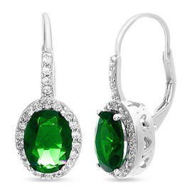 Mia Sarine Rhodium Plated 925 Sterling Silver Oval Simulated Emerald and Cubic Zirconia Bridal Leverback Earrings for Women Green