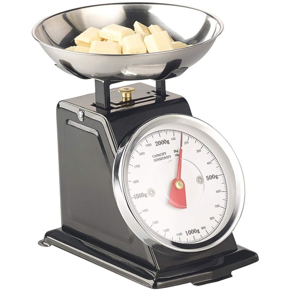 Rosenstein & Söhne Mechanical Kitchen Scales: Analogue Retro Kitchen Scales up to 2 kg with Tare Function, Black, Metal (Retro Mechanical Kitchen Scales, Mixing Bowl)