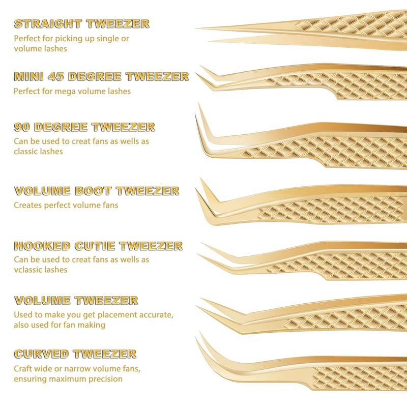 Eyelash Tweezers for Lash Extensions (Set of 7), Professional Lash