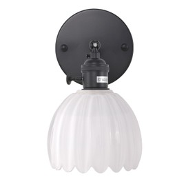Shenmoyl Vintage Battery Operated Wall Sconce with White Tulip Glass Lampshade Wireless Rechargeable Battery Powered Black Wall Light with Remote Control for Bedside Bedroom Doorway