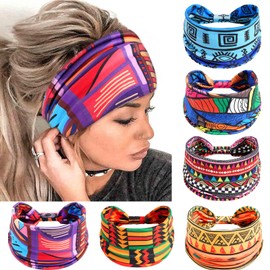SAWINDA 6 Pack Boho Headbands for Women Colorful Geometrical Pattern Womens Hairbands African Styles Cloth Stretchy Head Bands Knotted Non Slip Head Wraps Sports Turbans Hair Accessories