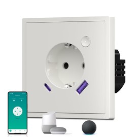 BSEED WLAN Socket with USB C Matt, 20 W Quick Charge Smart Socket Flush-Mounted, with Current Measurement, S Series, 1 Compartment, 86 mm, White