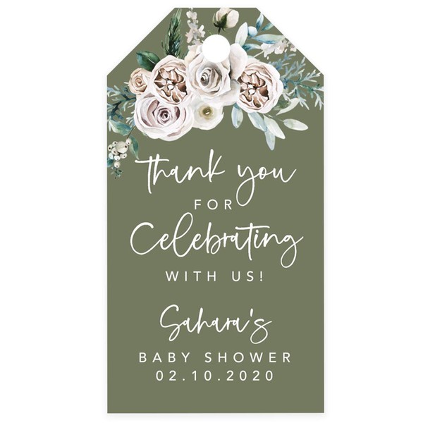 Andaz Press Sage Green with Cream Floral Blossoms Fall Baby Shower Party Collection, Personalized Classic Gift Tags, Thank You for Celebrating with Us Custom Name and Date, Floral, 20-Pack