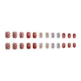 Christmas Press on Nails Short Square Winter Fake Nails Red Full Cover Gingerbread Man False Nails with Red White Swirl Designs Glossy Glue on Nails Manicure Artificial Nails for Women Girls