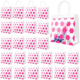 Demonwer 24 Pcs Pink Soccer Clear Goodie Bag with Handles PVC Sport Theme Goodie Treat Candy Bags Party Favor Bag for Team Birthday Gifts 8×8×3.2 Inch