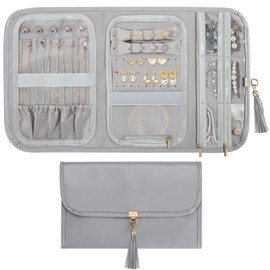 Emibele Travel Jewelry Organizer for Women, Waterproof Portable Leather Jewelry Roll Bag Storage Pouch, Foldable Tangle Free Travel Jewelry Case Holder for Necklace Earrings Bracelet Rings, Gray