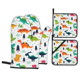 Cute Dino Kawaii Dinosaur Oven Mitts and Pot Holders Set of 4, Oven Mittens and Potholders Heat Resistant Gloves for Kitchen Cooking Baking Grilling BBQ