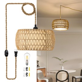 ALAISLYC Boho Rattan Pendant Lights Farmhouse 12 Inch Plug in Chandelier Light Fixture Rustic Wicker Hand Woven Pendant Hanging Light with Cord for Dining Room Kitchen Bedroom Foyer Hallway