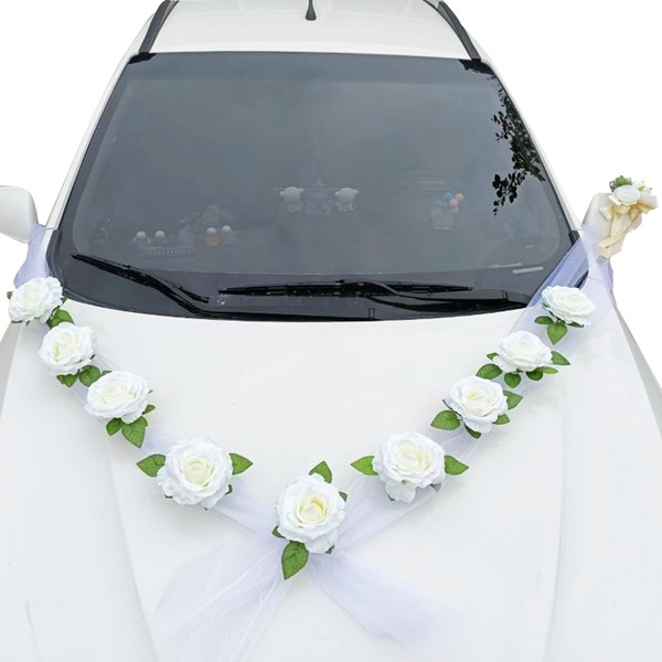 Kinwodon Décoration de voiture de mariage - Kit complet de 9 roses blanches avec ventouses - Décoration avant de voiture de mariage - Vigne de fleurs blanches - Décoration de flotte de mariage
