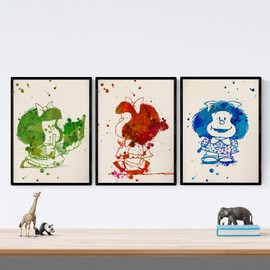 Nacnic Set of 3 Mafalda Prints for Framing, Watercolour Style. Posters with Images of Mafalda in Three Colours, Size 30 x 40 cm.
