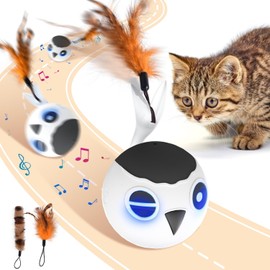ORSDA Cat Toys, Interactive Cat Toy Ball for Indoor Cats, Automatic Moving Ball Bird Toy for Bored Indoor Adult Kitten, Motion Activated Fast Moving Chirping Stimulating Light, 2 Feather Tails