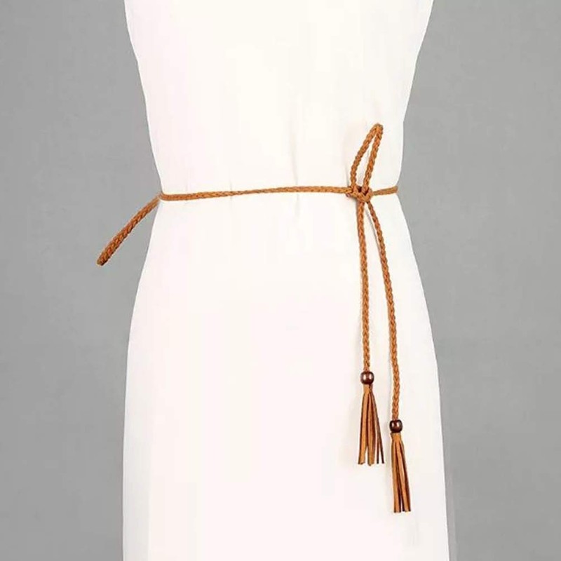NUREINSS Women Tassel Braided Thin Waist Belt, black