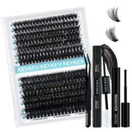 KevKev Lash Extension Kit 300Pcs Eyelash Extension Kit 3D Style Lash Clusters Kit with Lash Bond and Seal Lash Remover Eyelash Clusters Kit with Lash Tweezers Eyelash Curler (60+80D, D-10-18mix)