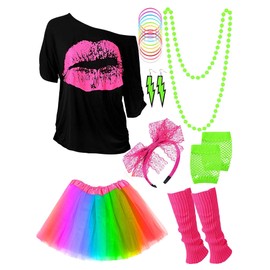 Blulu '80s Costume Accessory for Women Set, T-shirt Lip Print Adult Tutu Skirt Lace Headband Neon Earrings Necklace Leg Warmers Fishnet Gloves Bracelet, xxl, rainbow