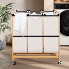 STO STO Laundry Sorter 4 Section with Bamboo Frame, 4 Bag Clothes Hamper, Rolling Laundrys Cart Basket with Lockable Wheels and Removable Bag for Clothes Storage in Laundry Room and Bedroom, Beige