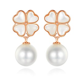 TIFLA Women's Earrings, Pearl, Dangling, 925 Silver, Four Leaf Clover, Cat Eye, Hypoallergenic Metal, Popular Earrings, Cute, Present, Sterling Silver, Shell pearl, cat's eye