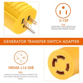 Kanayu 5-15P to L14-30R Generator Transfer Switch Adapter Compatible with NEMA 3 Prong Household 15Amp to 4 Prong Generator Lock 30Amp Adapter to House Inlet Box(Yellow)