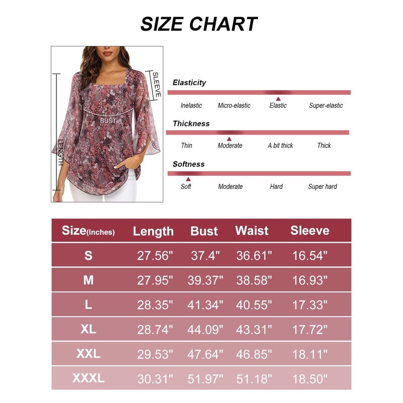Syphiby Womens Chiffon Tops, Causal 3/4 Sleeve Tunic Blouse Elegant