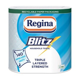 Regina Blitz Household Towels – 2 Rolls Per Pack, 3-ply Kitchen Roll, 70 Sheets Per Roll, Paper Packaging, FSC Certified Paper, Recyclable Packaginag, 60% Larger Than Standard Kitchen Roll Sheets