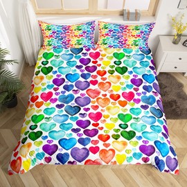 Homemissing Love Heart Bedding Couple Colorful Love Heart Pattern Bedding Set Rainbow Heart Duvet Cover for Children Kids Boys Girls Microfiber Bedspread Cover Room Decor Bedclothes Double