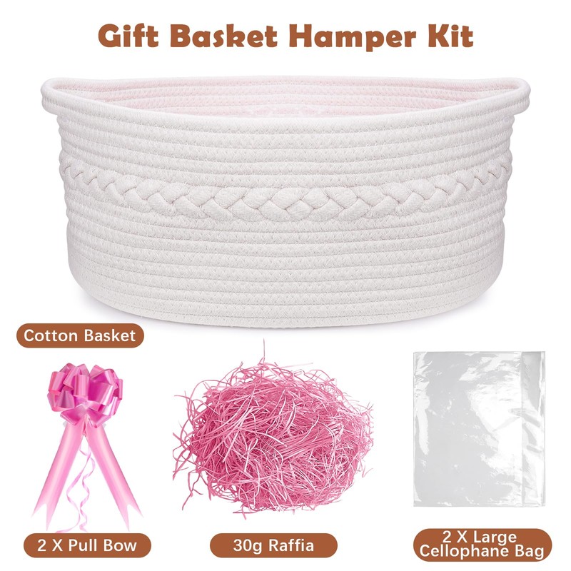 SelfTek Gift Basket Hamper Kit, Rope Basket with Cellophane Bags,