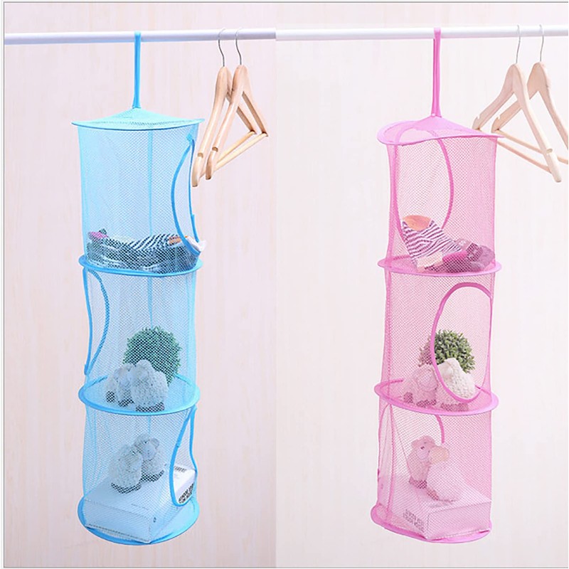 Mesh Hanging Storage Basket With 3 Compartments Foldable Hanging Storage