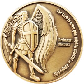 Archangel Saint Michael, Antique Gold Plated Challenge Protection Coin, The Lord is with You Mighty Warrior, Judges 6:12 and No Harm Will Overtake You, Psalm 91 Gift