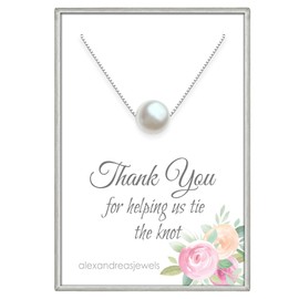 Sterling Silver Floating White Crystal Pearl Necklace, Thank You for Helping Us Tie The Knot Necklace, Bridesmaid Gift, White Pearl Necklace, Bridal Party Jewelry (14 inches plus 2-inch extender)