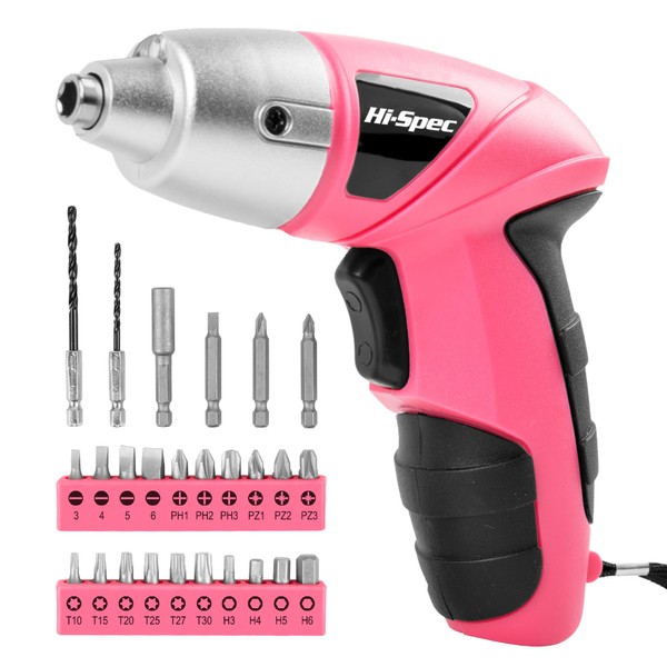 Hi-Spec 27pc 3.6V Pink USB Small Power Electric Screwdriver Set for Women. Cordless & Rechargeable with Driver Bit Set
