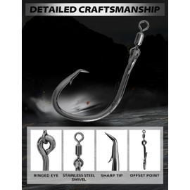 BLUEWING Bluefin Big Game Offset Circle Swivel Hook High Carbon Steel Fishing Hooks Heavy Duty Extra Sharp for Saltwater 8/0-5pcs