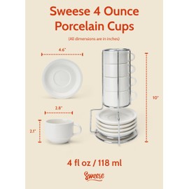 Sweese Porcelain Espresso Cups Set, 4 oz Stackable Cups with Saucers Metal Stand, Set of 4, White