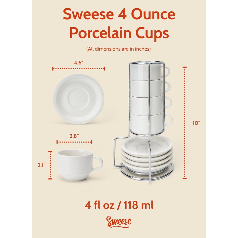 Sweese Porcelain Espresso Cups Set, 4 oz Stackable Cups with